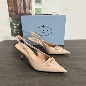 Prada Patent Leather Slingback Pumps in Nude Beige